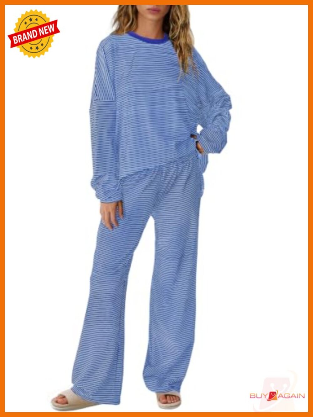 Womens Striped Lounge Set 2 Piece Long Sleeve Pajama Set Oversized Fit